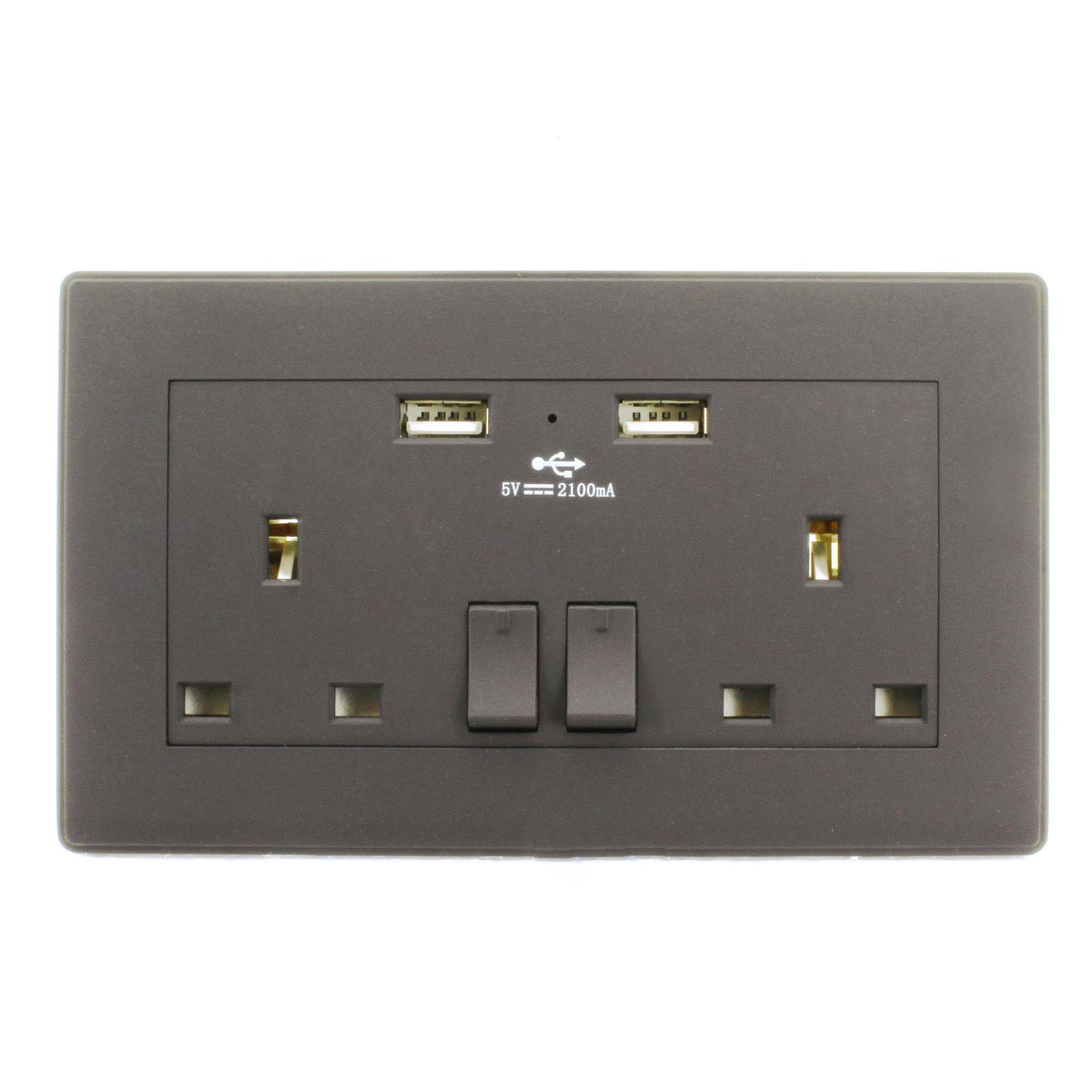 Double Wall Plug Socket 2 Gang 13A with 2 USB Charger Port Outlets Slim